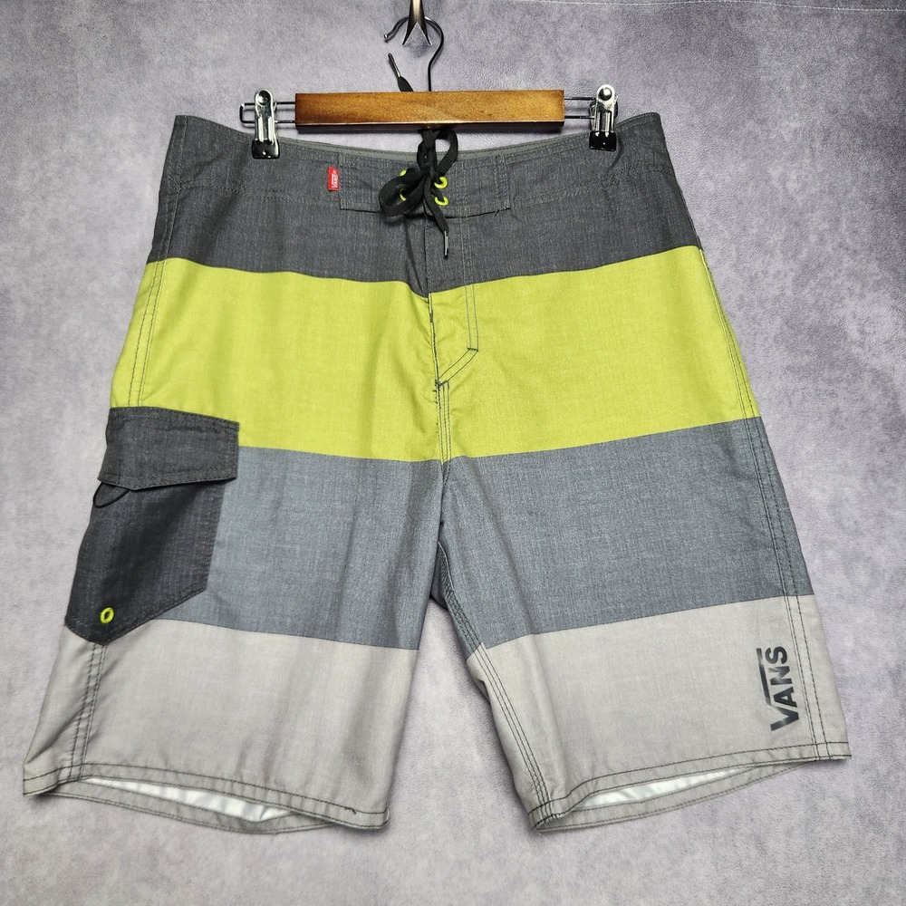 Vans‎ Mens Board Shorts Size 33 Grey Green Colorblock Surf Trunks Beach Swim